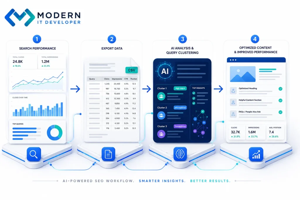 AI-assisted SEO workflow from Search Console data analysis to content optimization
