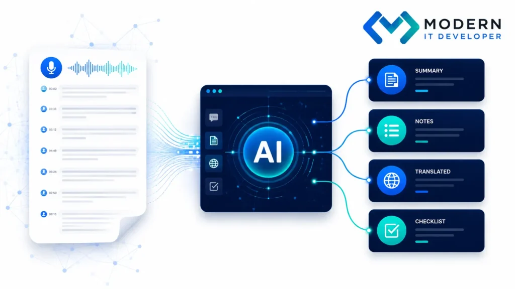 AI analyzing a video transcript to create summaries, notes, translations and action items