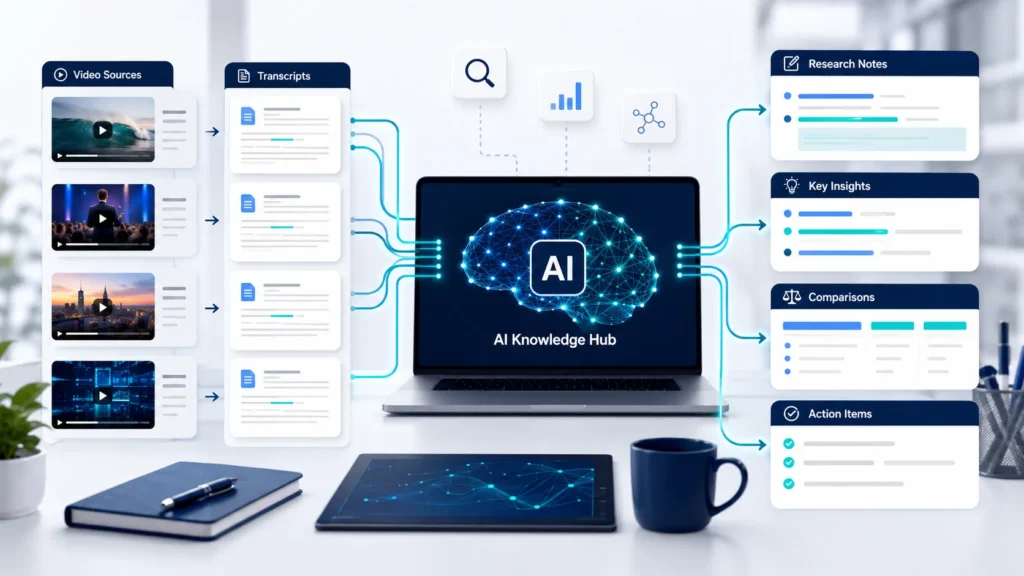 AI research workflow organizing multiple video transcripts into useful business insights