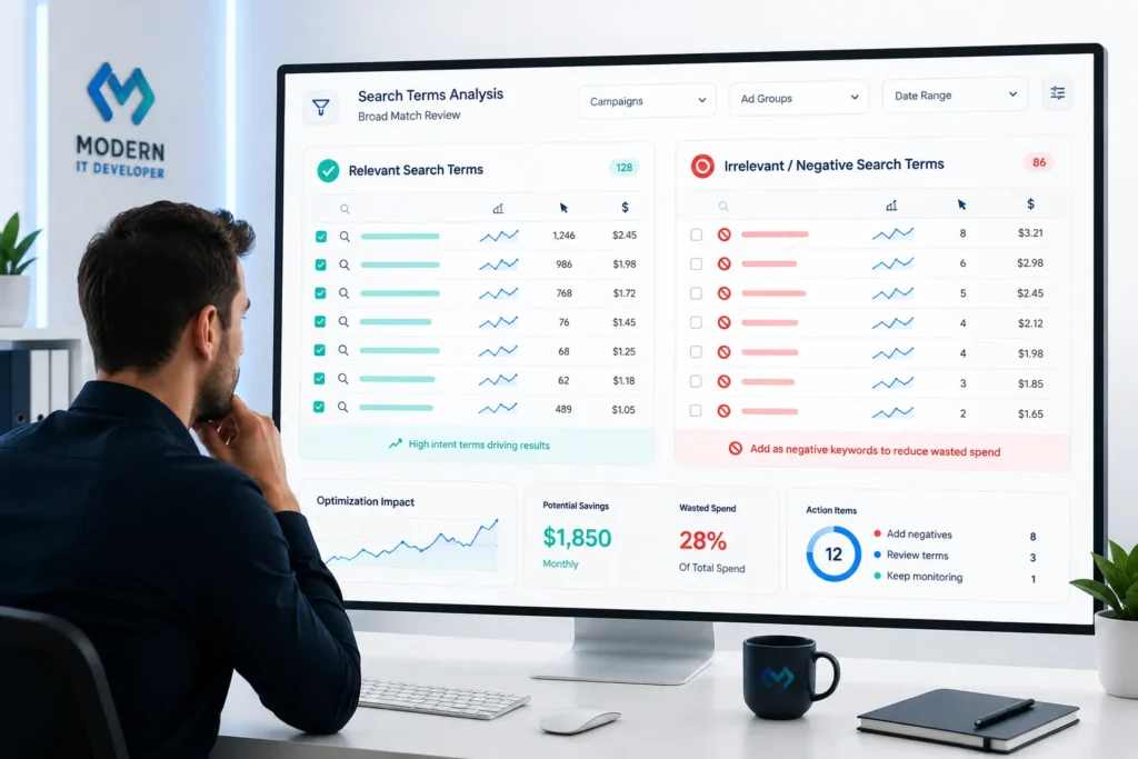 Google Ads Search Terms analysis used to identify irrelevant searches and negative keyword opportunities.