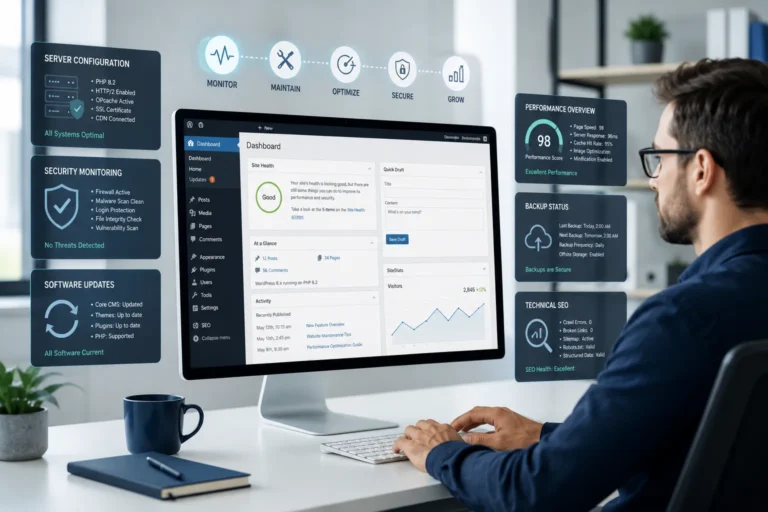 Developer reviewing WordPress website maintenance, security, server configuration and performance settings