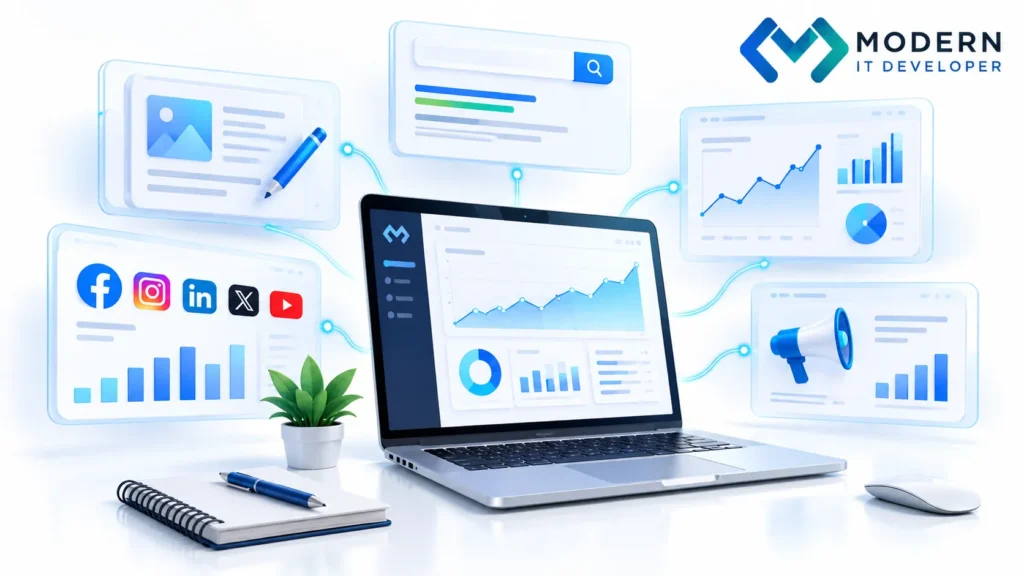 Digital marketing training covering content social media SEO advertising and analytics