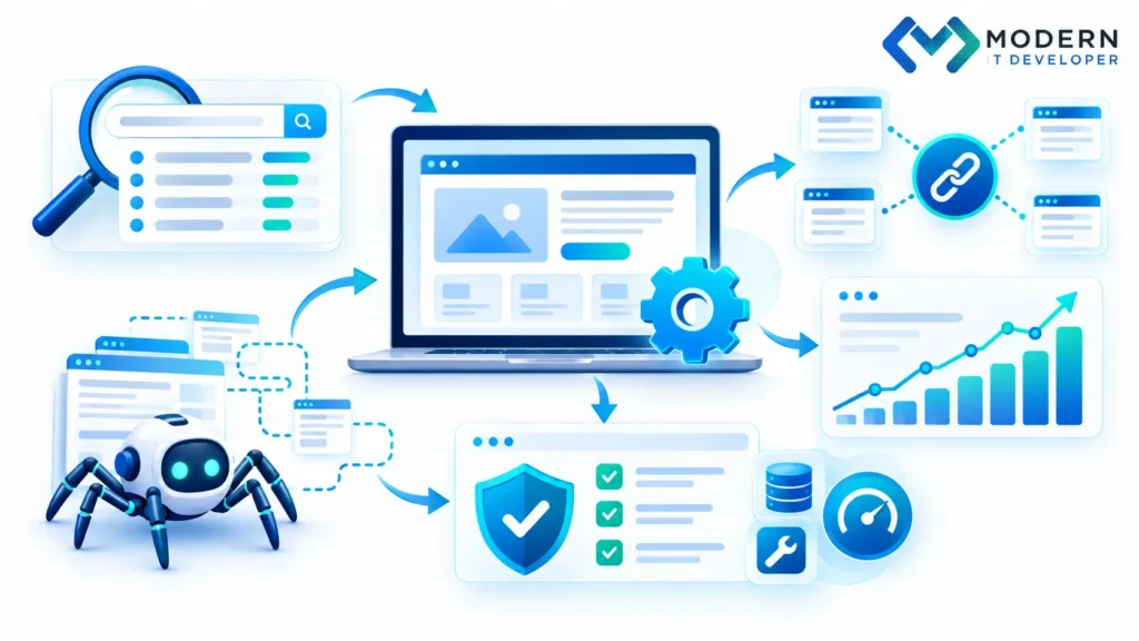 SEO learning workflow with keyword research content optimization backlinks and technical SEO