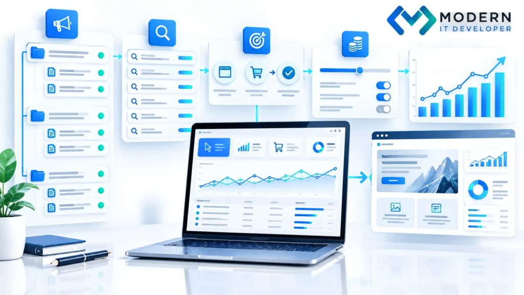 Paid advertising campaign optimization with keywords conversions bidding and analytics