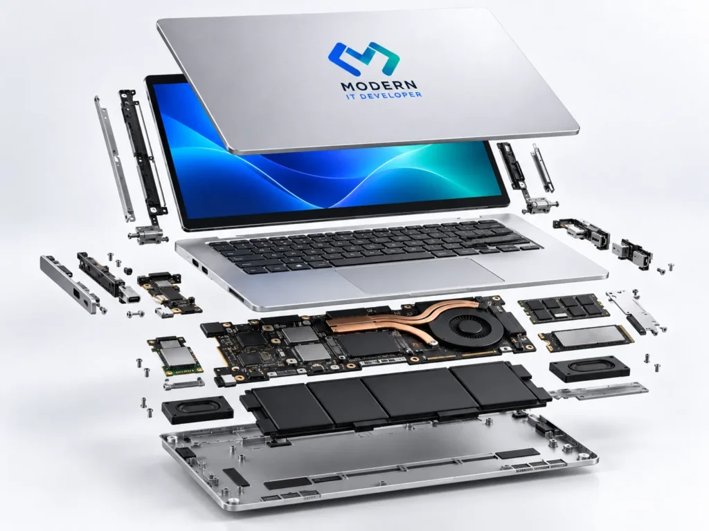 Technical exploded-view visualization of a product with separated components