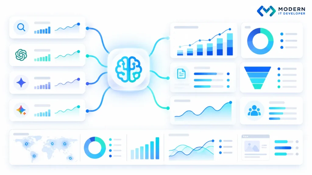 Analytics dashboard measuring AI search visibility traffic and conversions
