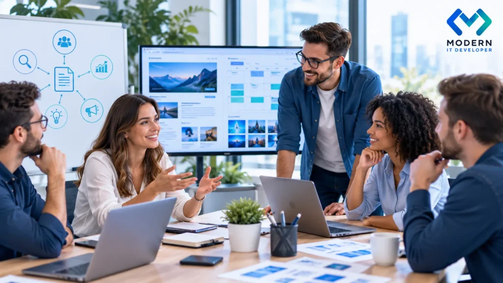 Marketing team creating authoritative SEO content for businesses