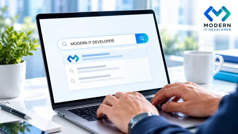 Person typing a company name into Google search