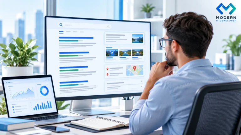 SEO specialist analyzing Google search results to determine keyword intent