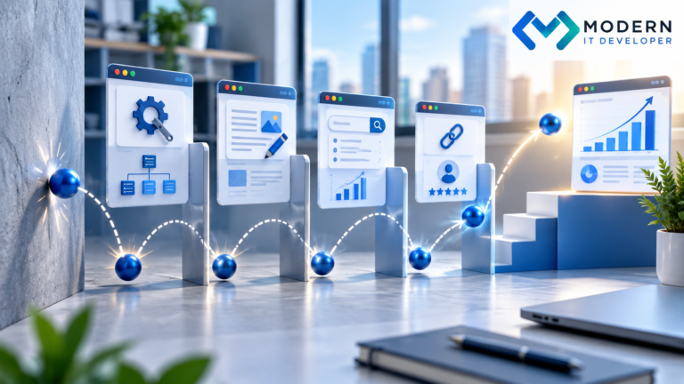 Illustration showing gradual SEO growth process from optimization to higher rankings