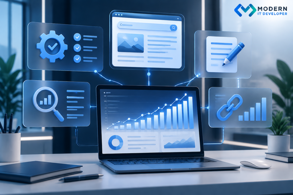 Visual representation of technical SEO content and authority factors working together