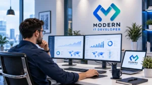 Business owner analyzing marketing data dashboard