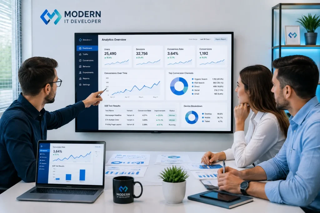 Marketing team analyzing conversion rate testing results